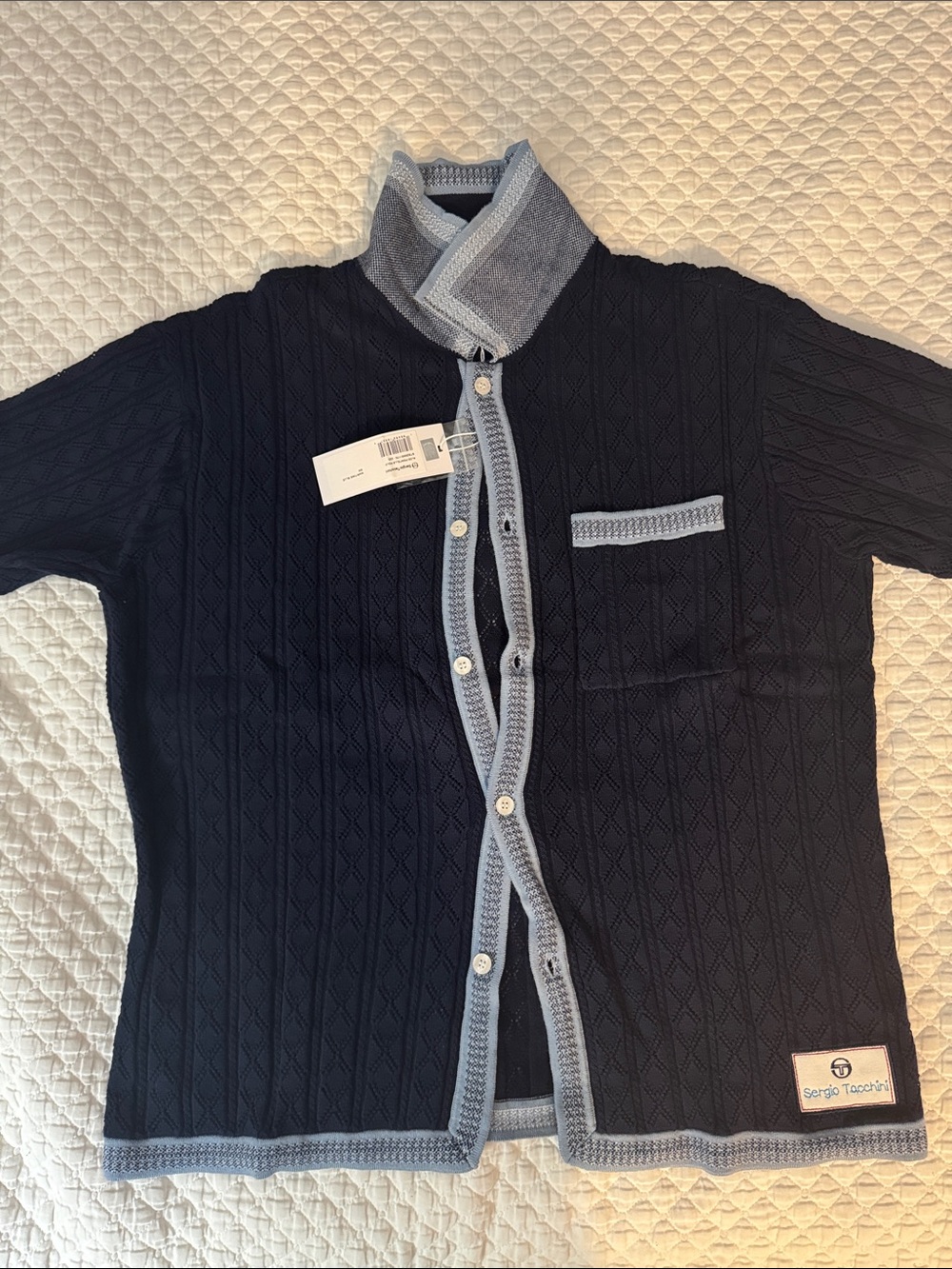 Sergio Tacchini Navy Short-Sleeve Knit Cardigan with Light Blue Trim